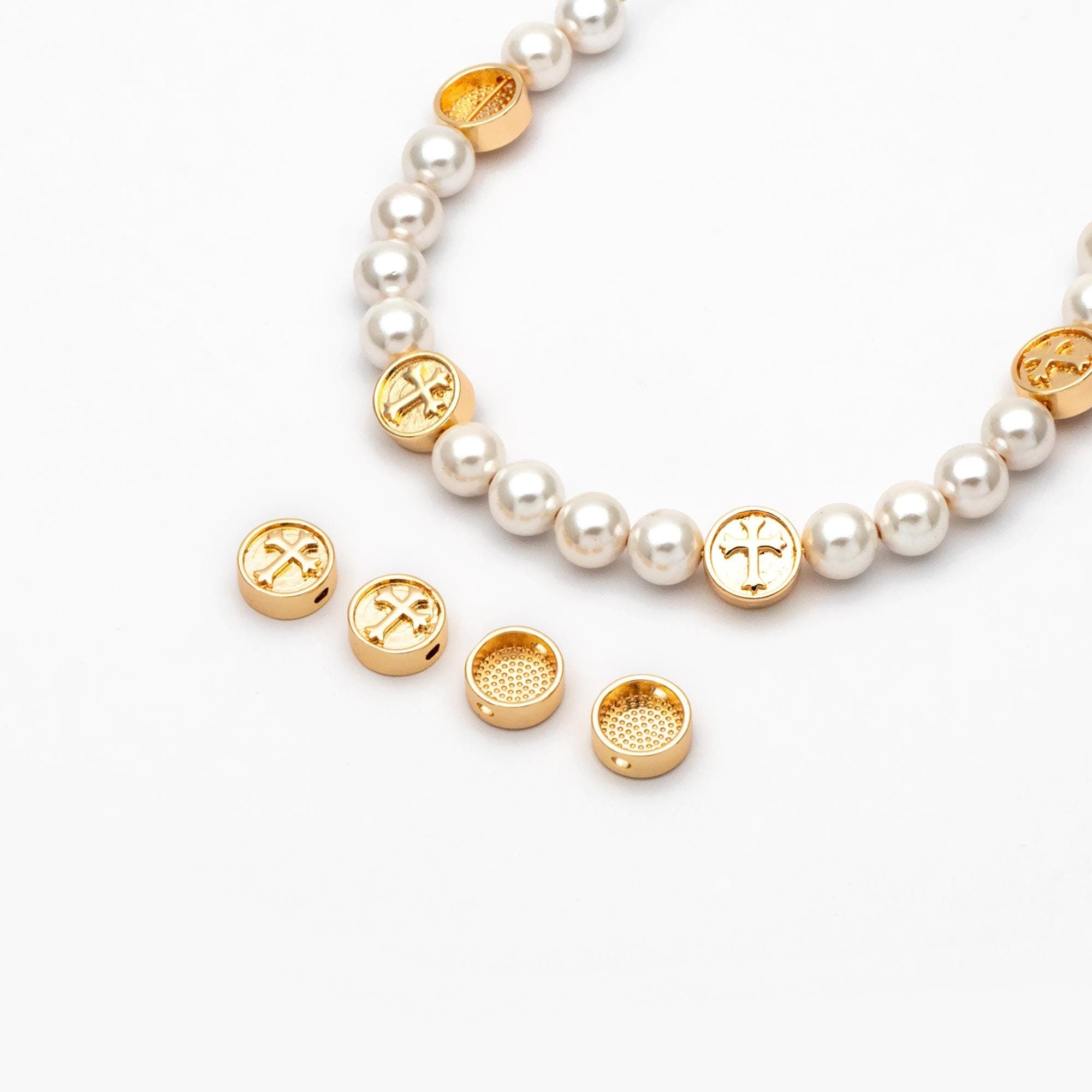 10pcs Gold Round Cross Spacer Beads 10mm, Real Gold plated Brass Spacer Beads (GB-3185)